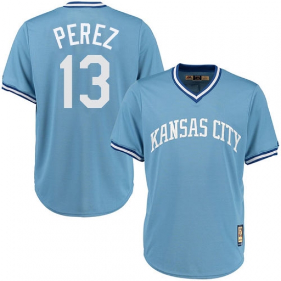Men's Majestic Kansas City Royals #13 Salvador Perez Authentic Light Blue Cooperstown MLB Jersey - Ujersey