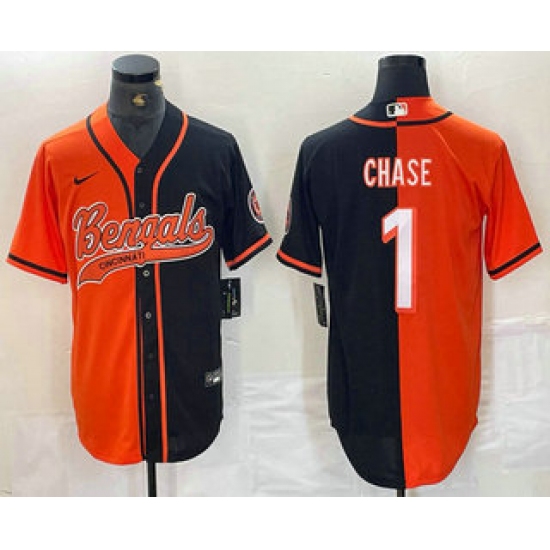 Men's Cincinnati Bengals #1 JaMarr Chase Orange Black Two Tone Cool Base Stitched Baseball Jersey - Ujersey