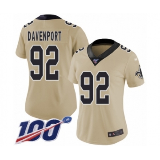 Women's New Orleans Saints #92 Marcus Davenport Limited Gold Inverted Legend 100th Season Football Jersey - Ujersey