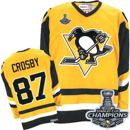 Men's CCM Pittsburgh Penguins #87 Sidney Crosby Authentic Yellow Throwback 2017 Stanley Cup Champions NHL Jersey - Ujersey