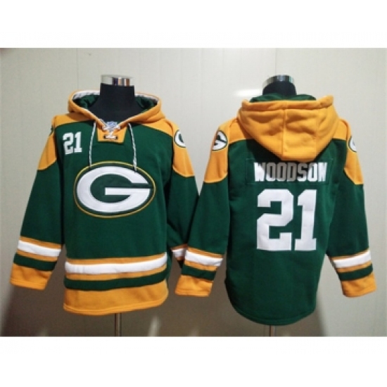 Men's Green Bay Packers #21 Charles Woodson Green Lace-Up Pullover Hoodie - Ujersey