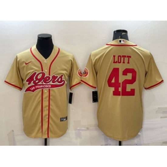 Men's San Francisco 49ers #42 Ronnie Lott Gold With Patch Cool Base Stitched Baseball Jersey - Ujersey