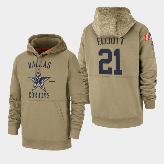 Men's Dallas Cowboys #21 Ezekiel Elliott 2019 Salute to Service Sideline Therma Pullover Hoodie - Tan - Ujersey NHL