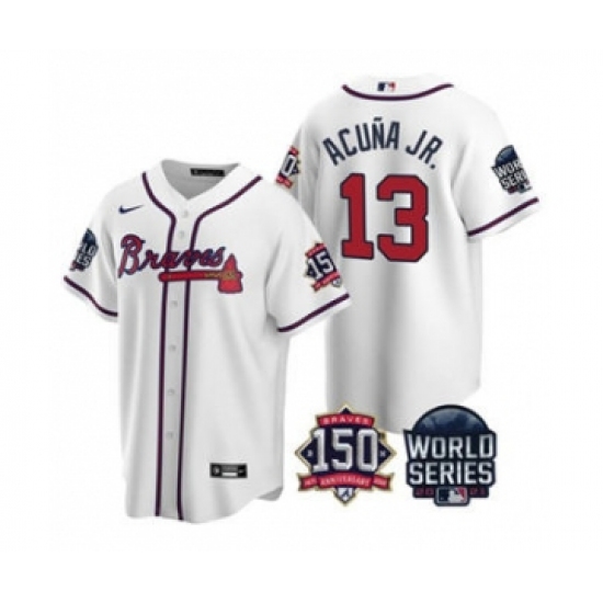 Men's Atlanta Braves #13 Ronald Acuna Jr. 2021 White World Series With 150th Anniversary Patch Cool Base Baseball Jersey - Ujersey