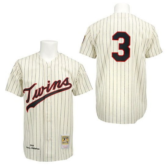 Men's Mitchell and Ness Minnesota Twins #3 Harmon Killebrew Authentic Cream/Black Strip Throwback MLB Jersey - Ujersey
