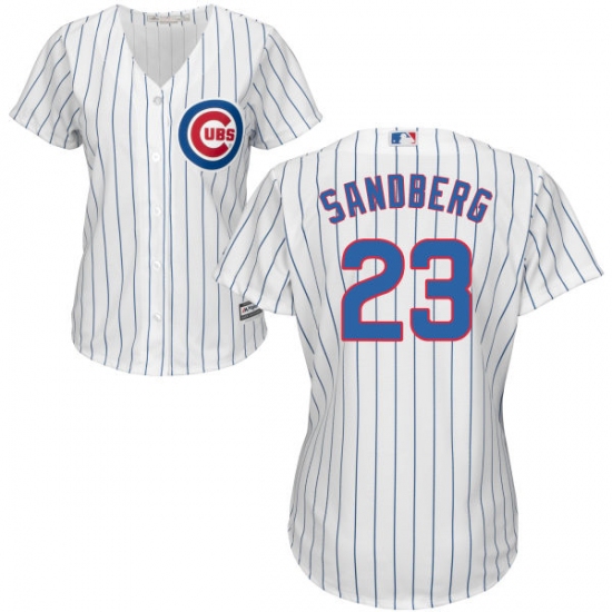 Women's Majestic Chicago Cubs #23 Ryne Sandberg Authentic White/Blue Strip Fashion MLB Jersey - Ujersey