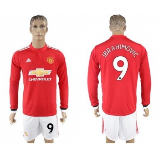 Manchester United #9 Ibrahimovic Red Home Long Sleeves Soccer Club Jersey