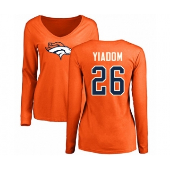 Football Women's Denver Broncos #26 Isaac Yiadom Orange Name & Number Logo Long Sleeve T-Shirt - Ujersey