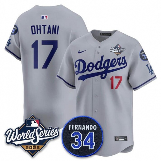 Men's Los Angeles Dodgers #17 Shohei Ohtani Gray 2025 World Series With No. 34 Limited Stitched Jersey - Ujersey