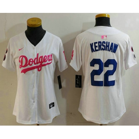 Women's Los Angeles Dodgers #22 Clayton Kershaw White Pink With Limited Stitched Jersey