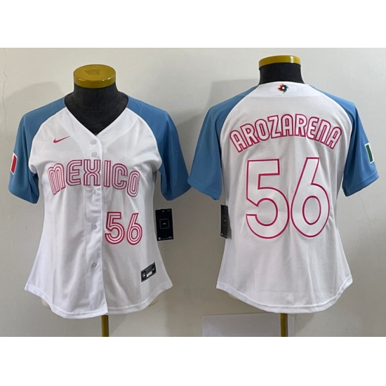 Women's Mexico Baseball #56 Randy Arozarena 2023 White Blue World Classic Stitched Jersey6