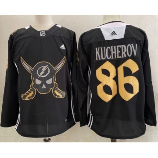 Men's Tampa Bay Lightning #86 Nikita Kucherov Black Pirate Themed Warmup Authentic Jersey - Ujersey