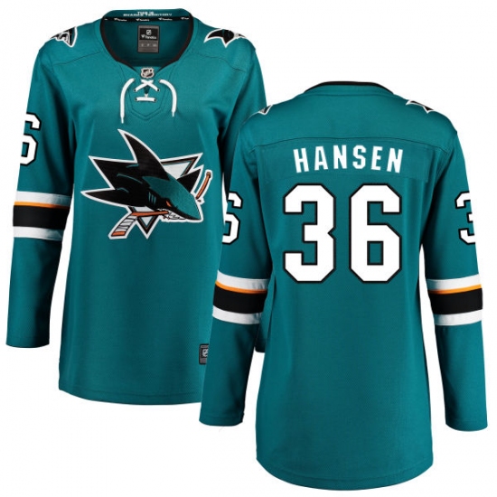 Women's San Jose Sharks #36 Jannik Hansen Fanatics Branded Teal Green Home Breakaway NHL Jersey