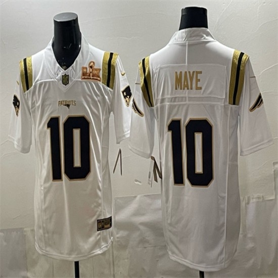 Men's New England Patriots #10 Drake Maye White Gold 2025 F.U.S.E. Super Bowl LX Vapor Limited Stitched Football Jersey - ujerseystore