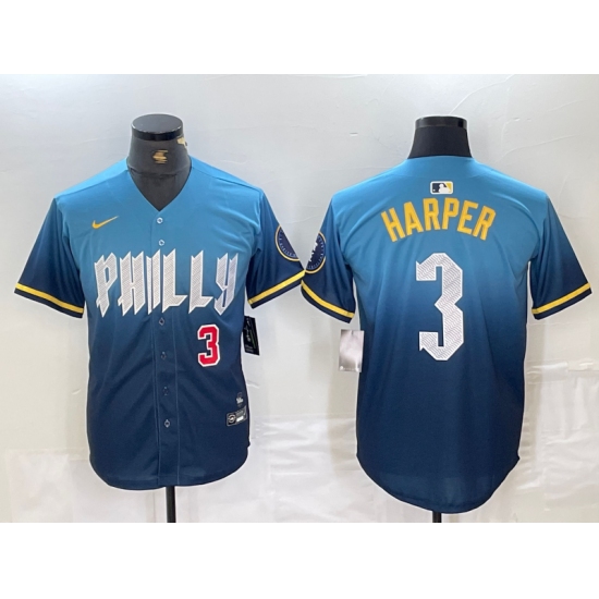 Mens Philadelphia Phillies #3 Bryce Harper Number Blue 2024 City Connect Limited Stitched Jersey - Ujersey