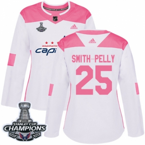 Women's Adidas Washington Capitals #25 Devante Smith-Pelly Authentic White Pink Fashion 2018 Stanley Cup Final Champions NHL Jersey - Ujersey