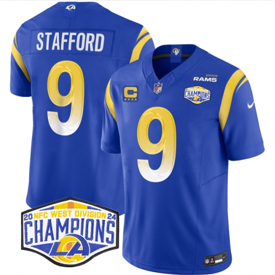 Men's Los Angeles Rams #9 Matthew Stafford Blue 2024 NFC West Champions With 4-Star C F.U.S.E. Vapor Untouchable Stitched Football Jersey