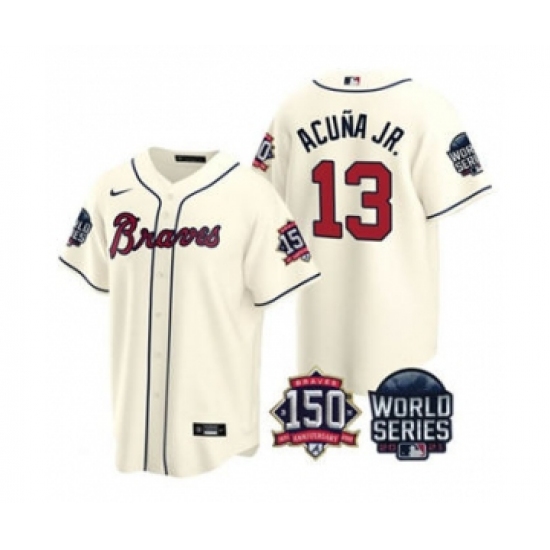 Men's Atlanta Braves #13 Ronald Acuna Jr. 2021 Cream World Series With 150th Anniversary Patch Cool Base Baseball Jersey - Ujersey
