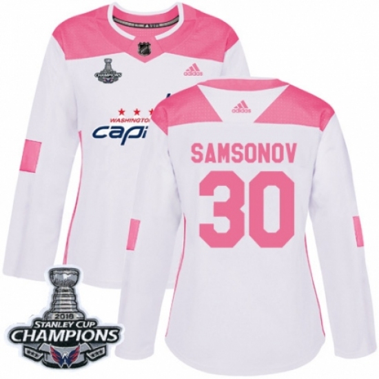 Women's Adidas Washington Capitals #30 Ilya Samsonov Authentic White Pink Fashion 2018 Stanley Cup Final Champions NHL Jersey - Ujersey
