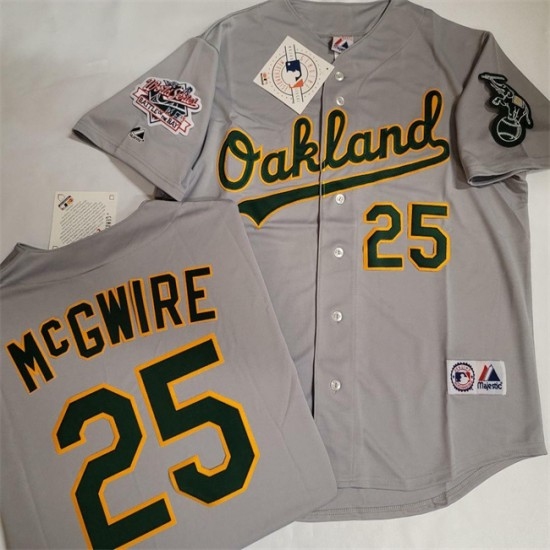 Men's Oakland Athletics #25 Mark McGwire Grey With Green Elephant & 1989 World Series Battle of the Bay Stitched Baseball Jersey
