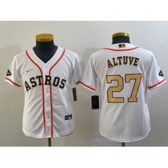 Youth Houston Astros #27 Jose Altuve 2023 White Gold World Serise Champions Cool Base Stitched Jersey