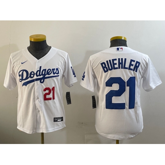 Youth Los Angeles Dodgers #21 Walker Buehler Number White Stitched Cool Base Nike Jersey - Ujersey