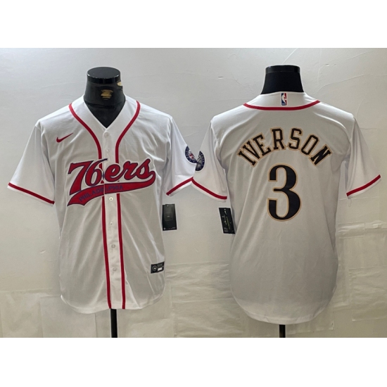 Men's Philadelphia 76ers #3 Allen Iverson White With Cool Base Stitched Baseball Jersey - Ujersey