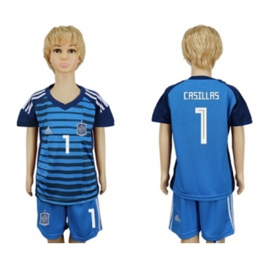 Spain #1 Casillas Blue Goalkeeper Kid Soccer Country Jersey