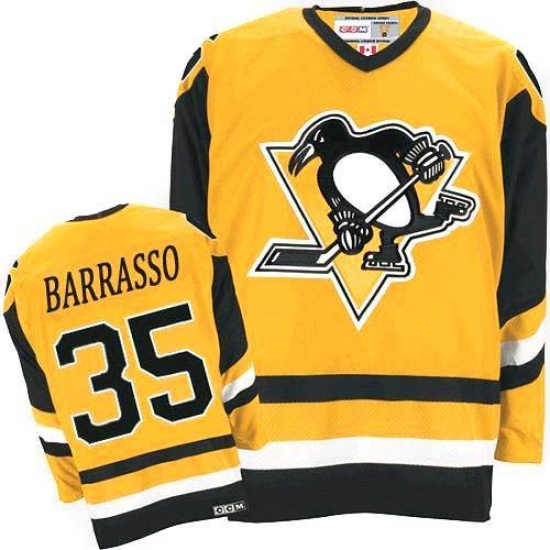 Men's CCM Pittsburgh Penguins #35 Tom Barrasso Authentic Yellow Throwback NHL Jersey - Ujersey