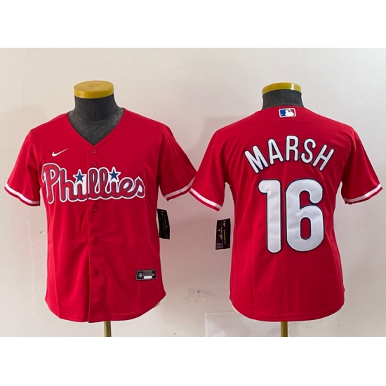 Youth Philadelphia Phillies #16 Brandon Marsh Red Stitched Cool Base Jersey - Ujersey