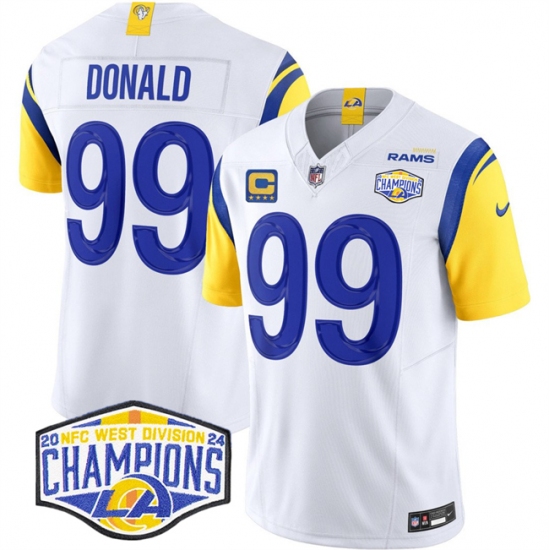 Men's Los Angeles Rams #99 Aaron Donald White 2024 NFC West Champions With 4-Star C F.U.S.E. Vapor Untouchable Stitched Football Jersey - Ujersey