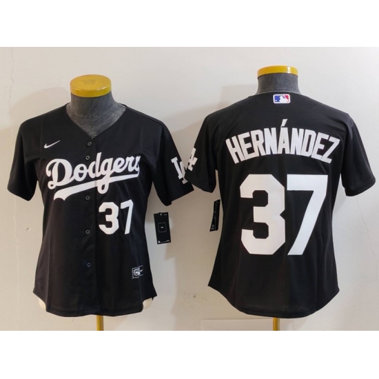 Women's Los Angeles Dodgers #37 Teoscar Hernandez Number Black Cool Base Stitched Jerseys - Ujersey