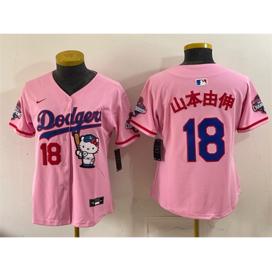 Women's Los Angeles Dodgers #18 山本由伸 Pink Hello Kitty Night 2025 World Series Champions Stitched Baseball Jersey(Run Small) - Ujersey