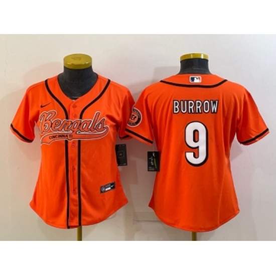 Women's Cincinnati Bengals #9 Joe Burrow Orange With Patch Cool Base Stitched Baseball Jersey - Ujersey