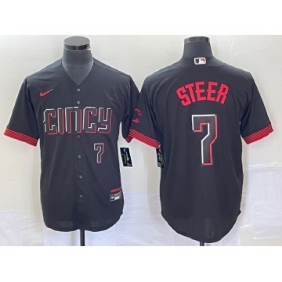 Men's Nike Cincinnati Reds #7 Spencer Steer Numer Black 2023 City Connect Cool Base Stitched Baseball Jersey 1 - Ujersey