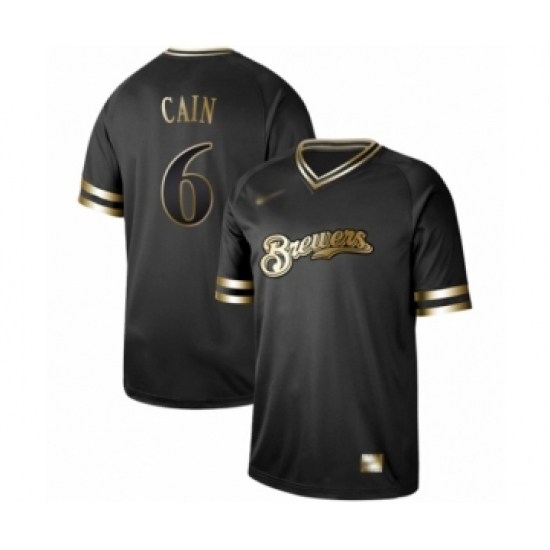 Men's Milwaukee Brewers #6 Lorenzo Cain Authentic Black Gold Fashion Baseball Jersey - Ujersey