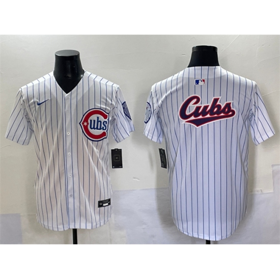 Men's Chicago Cubs Team Big Logo White Pinstripe 2nd Alternate Limited Stitched Baseball Jersey - Ujersey