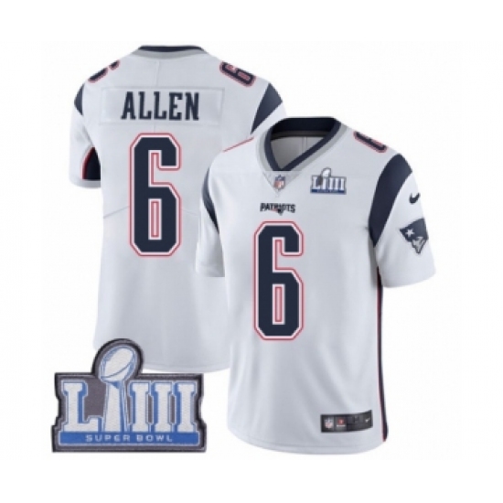 Men's Nike New England Patriots #6 Ryan Allen White Vapor Untouchable Limited Player Super Bowl LIII Bound NFL Jersey - Ujersey