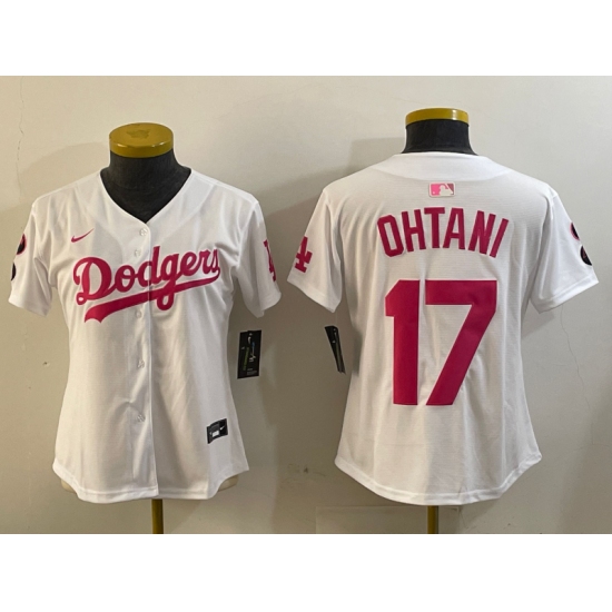Women's Los Angeles Dodgers #17 Shohei Ohtani Number White Pink Limited Cool Base Stitched Jerseys - Ujersey
