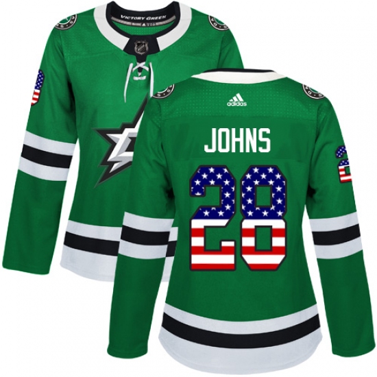 Women's Adidas Dallas Stars #28 Stephen Johns Authentic Green USA Flag Fashion NHL Jersey - Ujersey