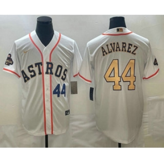 Mens Houston Astros #44 Yordan Alvarez Number 2023 White Gold World Serise Champions Cool Base Stitched Jersey - Ujersey