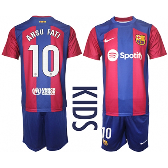 Youth Barcelona #10 Ansu Fati Blue Red 2023-24 Home Soccer Jersey
