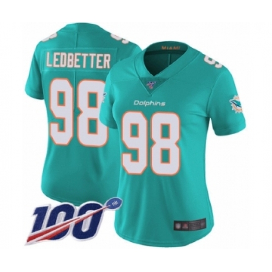 Women's Miami Dolphins #98 Jonathan Ledbetter Aqua Green Team Color Vapor Untouchable Limited Player 100th Season Football Jersey - Ujersey