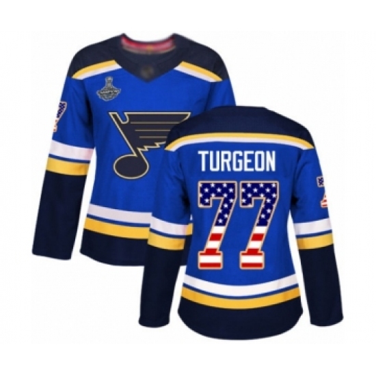 Women's St. Louis Blues #77 Pierre Turgeon Authentic Blue USA Flag Fashion 2019 Stanley Cup Champions Hockey Jersey - Ujersey