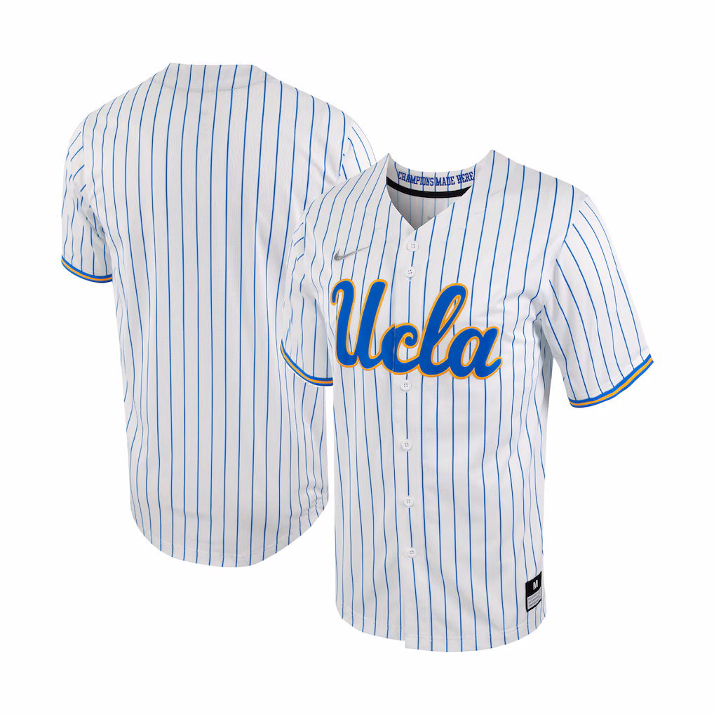 Men's Nike White/Blue UCLA Bruins Pinstripe Replica Full-Button Baseball Jersey - Vujersey Los Angeles Rams