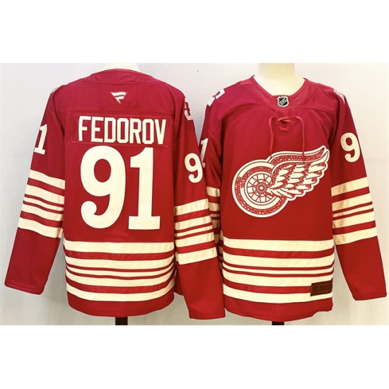 Men's Detroit Red Wings #91 Sergei Fedorov Red 2025-26 Centennial Premium Stitched Hockey Jersey - Ujersey