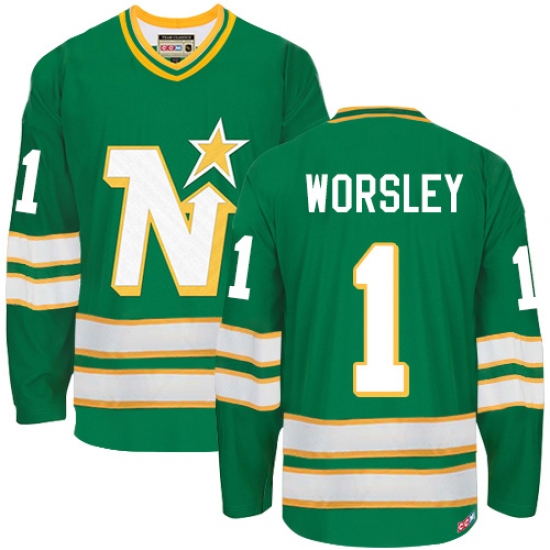 Men's CCM Dallas Stars #1 Gump Worsley Authentic Green Throwback NHL Jersey - Ujersey