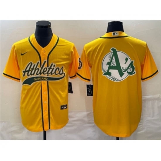 Men's Oakland Athletics Yellow Team Big Logo Cool Base Stitched Baseball Jersey 001 - Ujersey
