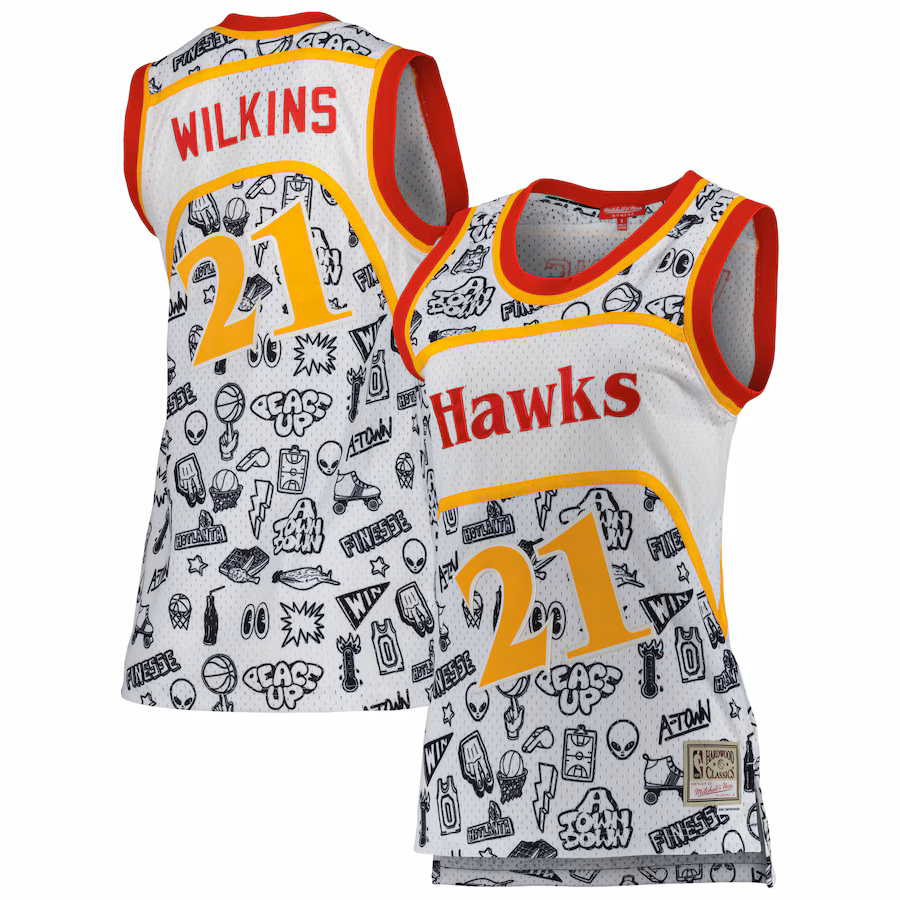 Women's Atlanta Hawks Dominique Wilkins Mitchell & Ness White 1986 Doodle Swingman Jersey - Ujersey NHL