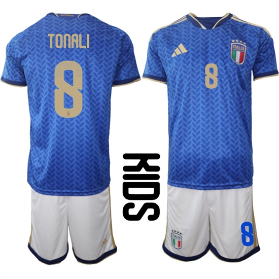 Youth Italy #8 TONALI National Team FIFA x World Cup 2026 Home Blue On Field Kids Jerseys